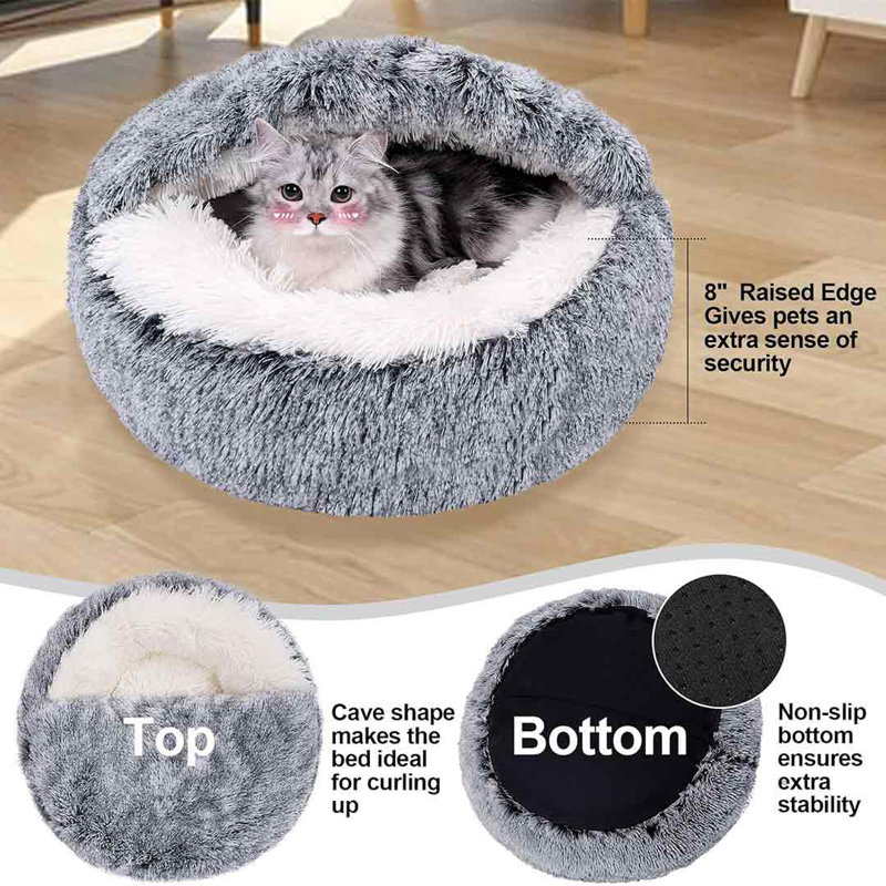 Gray Faux Fur Medium Pet Bed with Hooded Cover