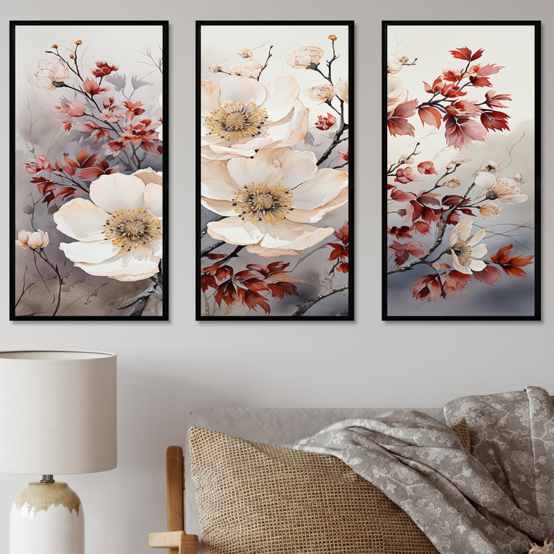 Fleurs saisonnières «Charm in Winter» - ensemble d'art mural sur toile, Cadre flottant noir, H 40 po x l 60 po x P 1 po