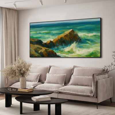 Très grande impression d'art côtier océanique - impression de paysage marin bleu vif pour le salon ou la chambre à coucher, très grande impression murale encadrée (assemblage requis)