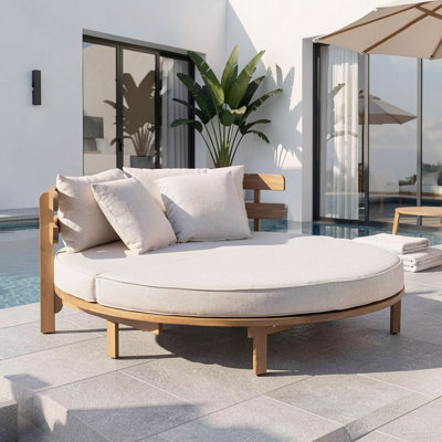 Patio Chaise Lounge with Cushion Curved Slatted Back, Round Outdoor Daybed with 4 Pillows