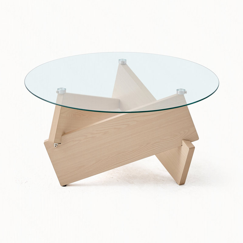 Table basse ronde avec plateau en verre trempé et base en bois, style campagne moderne, Transparent / naturel