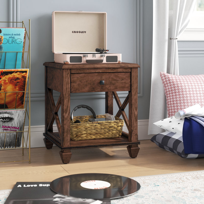 Stockbridge 21-Inch Square Wood End Table with Drawer, Traditional Cherry Stain Finish, Sturdy Pine Construction, Includes Storage Shelf and Functional Drawer for Living Room Essentials