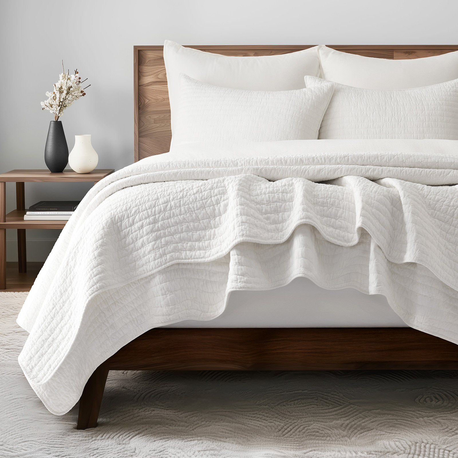Cross Stitch Cotton Quilt set, King + 2 Shams, Bright White