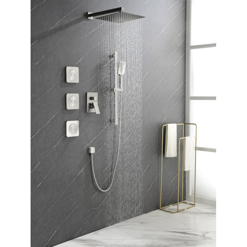 Système de douche avec pomme de douche, douche à main, barre coulissante, jets de corps, bras de douche, tuyau, garniture de valve et poignées à levier