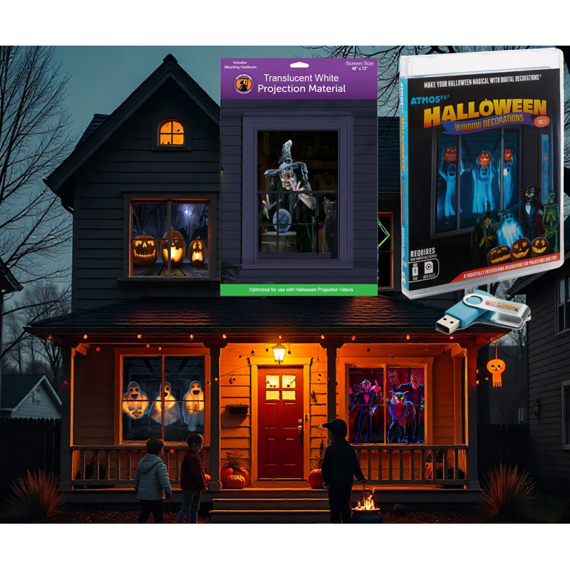 L'ensemble de décoration numérique Halloween Vol 1 comprend 8 effets vidéo AtmosFX® pour écran de projection holographique 48 po x 72 po d'Halloween Plus