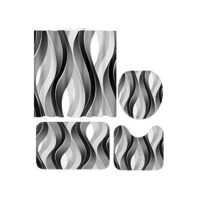 Set Of 4 Black White Wave Stripe Shower Curtain Set With Bath Mats, Rugs & Toilet Lid Cover