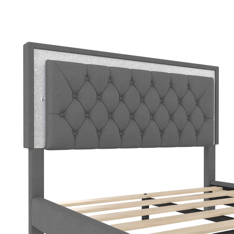 Structure de lit rembourrée avec lumières DEL, lit plateforme en velours moderne avec tête de lit capitonnée pour un confort ultime