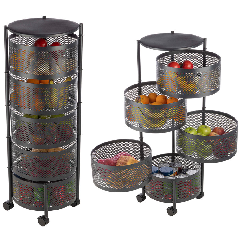 Chariot roulant de rangement pour la cuisine avec roulettes - 5 paniers rotatifs pour fruits et légumes pour l'organisation et le rangement de la cuisine - Chariot en métal pour le garde-manger, la salle de bain ou la salle de bricolage (Noir)