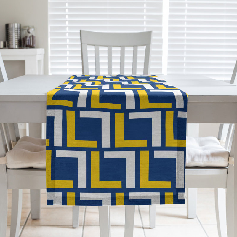 Chemin de table géométrique, 72 po x 16 po, Bleu royal / or / blanc, polyester