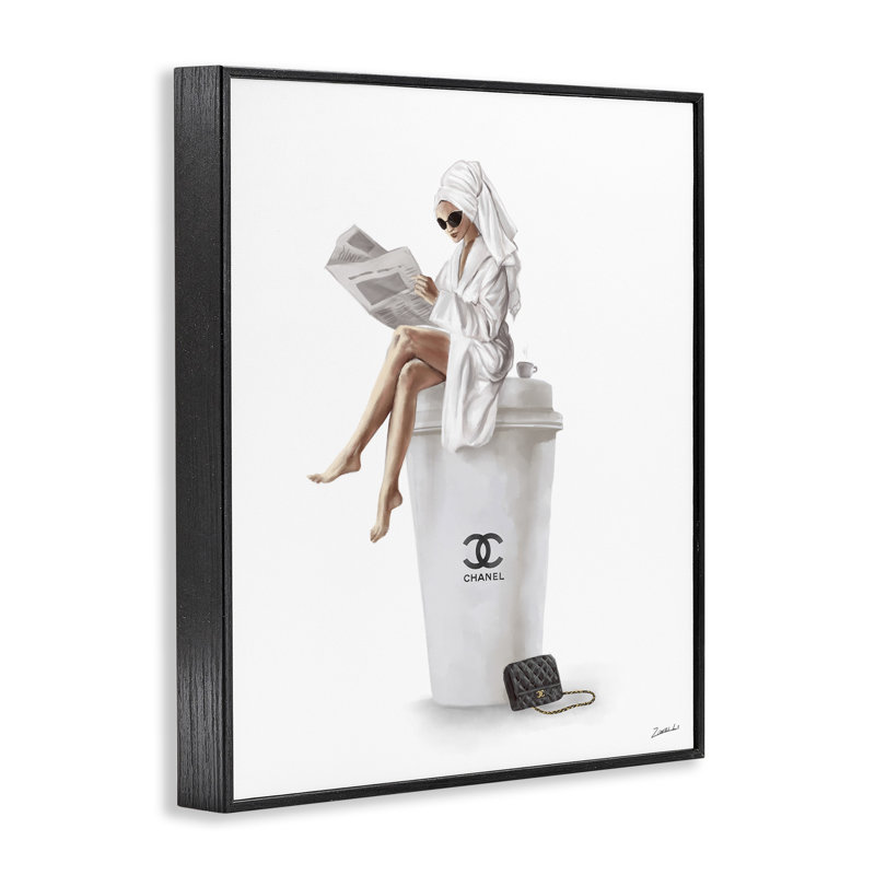 «Chic Fashion Coffee and Purse Femme Robe Pose XXL», estampe numérique encadrée de Ziwei Li, Giclée encadrée noir minuit