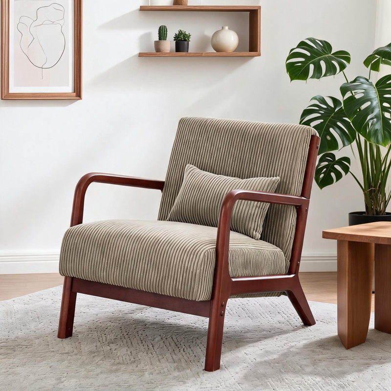 Chaise longue en bois avec accoudoirs en velours côtelé rembourré avec coussins lombaires pour le salon et les sièges, Grey