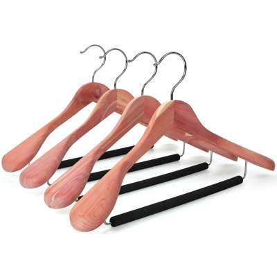 Unfinished American Red Cedar Wood Coat Suit Hangers, Luxury Wooden Jacket Clothes Hangers, Wide Shoulder With Black Padded Pant Bar- 360°Flexible Hook, 4 Pack- Natural