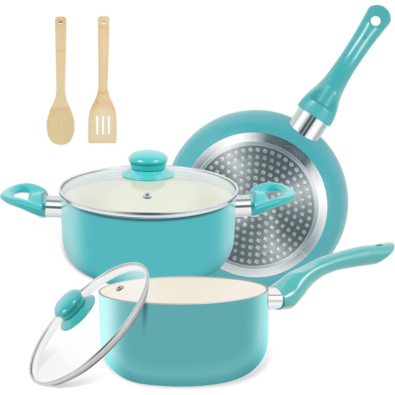 Batterie de cuisine antiadhésive 7 pièces turquoise