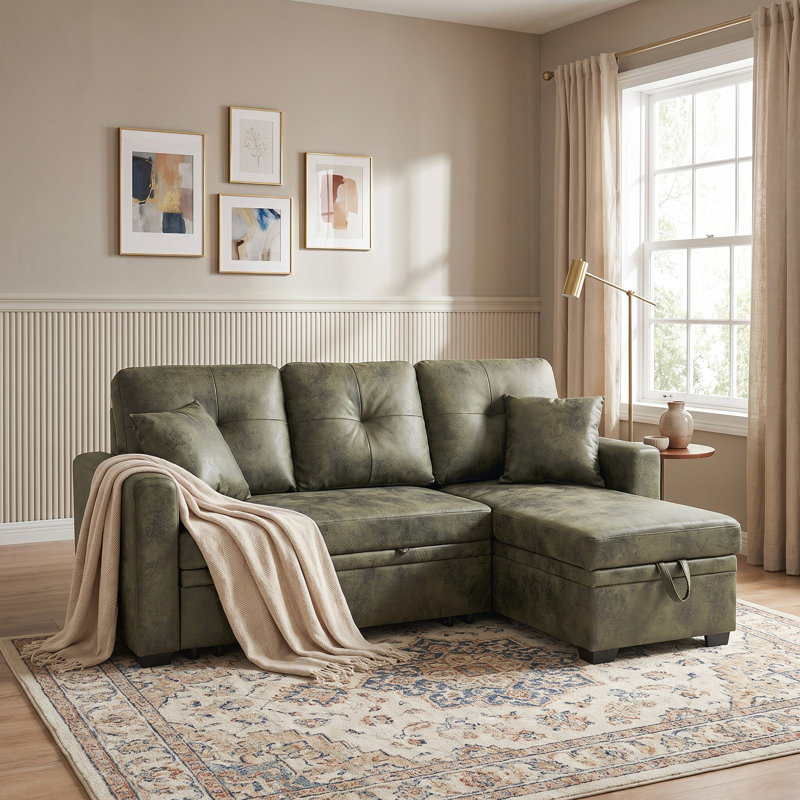 Olive Green Sectional Sofa with Reversible Chaise, Pull-Out Bed & Built-In Storage