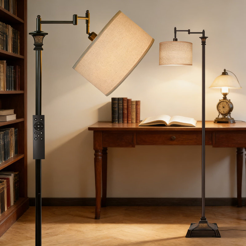 Lampe sur pied intelligente avec télécommande, 350? Bras pivotant réglable et gradation continue, design rétro avec abat-jour en lin pour le salon, la chambre à coucher ou le bureau à domicile