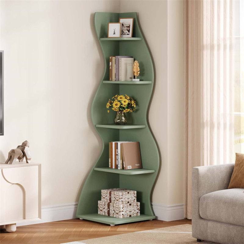 Bibliothèque de coin et support à plante à 5 niveaux de 69,8 pouces de hauteur vert ondulé pour petits espaces, parfait pour la vie moderne et l'organisation