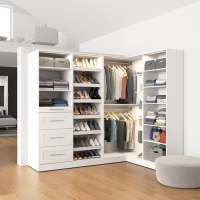 Bestar Florence 85W X 69D Modular L Shaped Walk-In Closet System With LED Lights, Rods, Drawers, And Shoe Shelves, Shaker Style