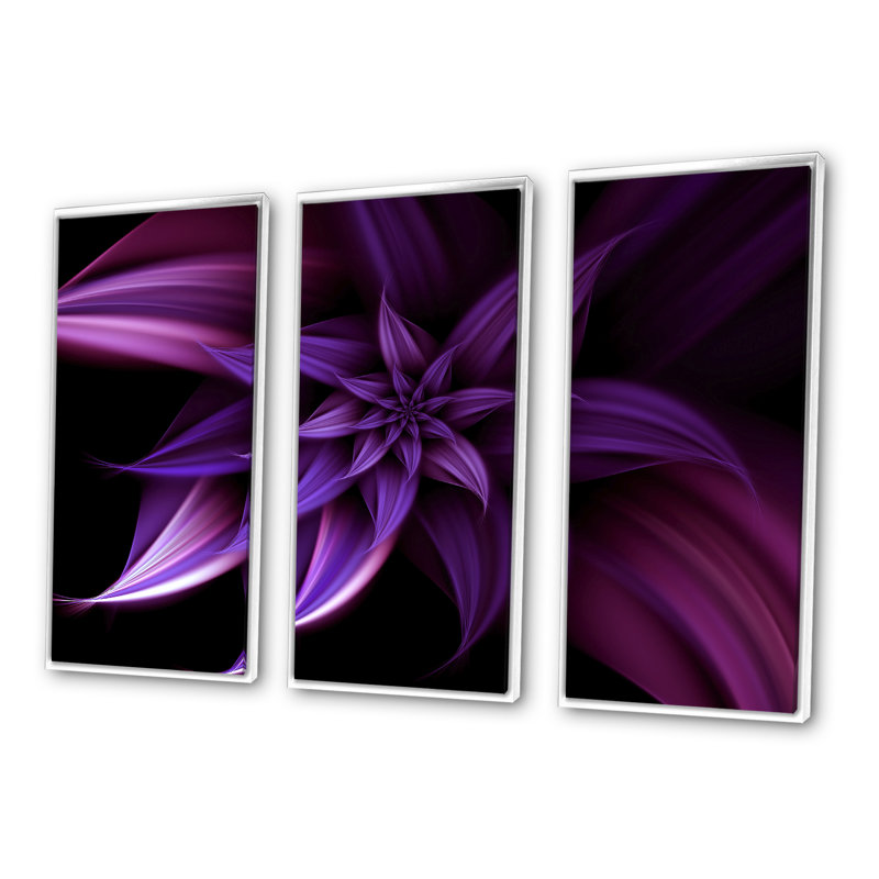 Fractale fleur mauve - 3 pièces, cadre flottant, impression sur toile, H 28 po x l 36 po, Blanc