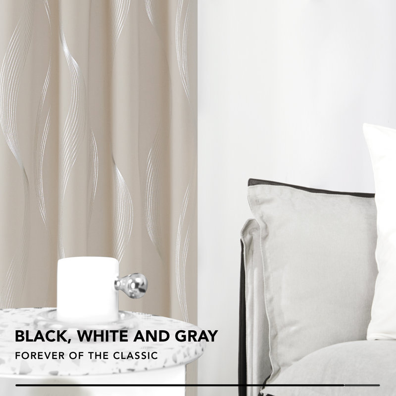 Spurgh Sliver Wave Foil Print Blackout Thermal Grommet Curtain Panels (Set of 2), Light Beige, 52" W x 72" L