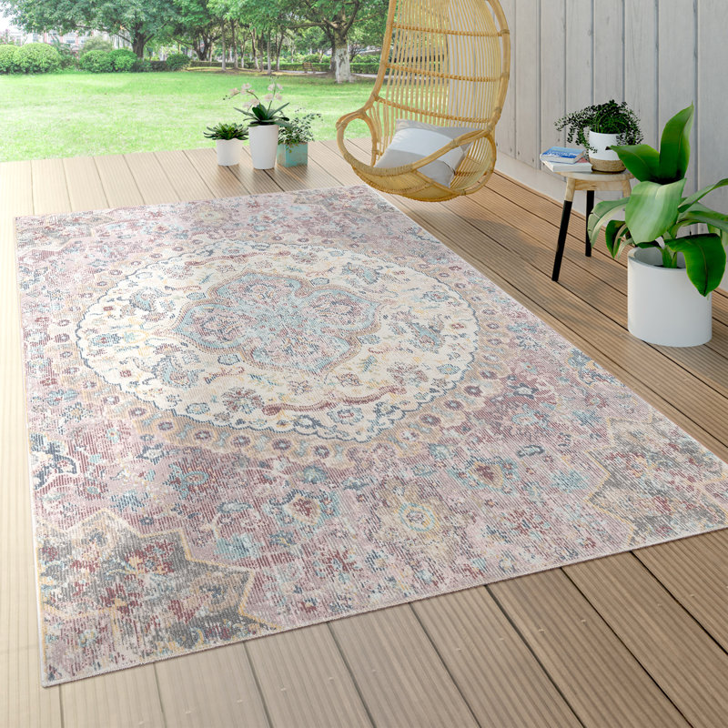 Verutiao Balcony Terrace with Oriental Power Loom Pink/Beige/Blue Indoor/Outdoor Rug, Round 200cm