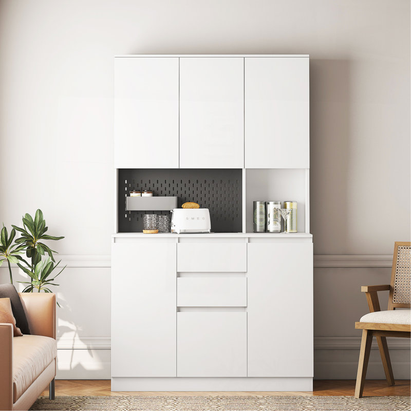 74" Kitchen Pantry Cabinet With Charging Station,Freestanding Buffet Cupboards Sideboard With Drawer,Modern Pantry Cabinet With Microwave Stand For Kitchen,Living Room,Dinning Room