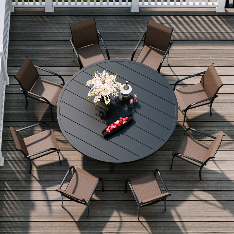 Patio Dining Set with 53" Round Metal Dining Table and 8 Stackable PVC-coated polyester Chairs, Black/Brown