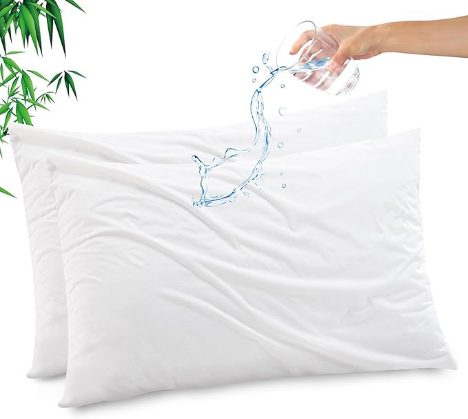 GOGREEN Waterproof Pillow Protectors with Zipper Standard Size, Cooling Rayon From Bamboo Zippered Pillow Case Protector, Bed Bedbugs Pillow Case Cover Prevent Dust Mites and Allergens (2 Packs, White)