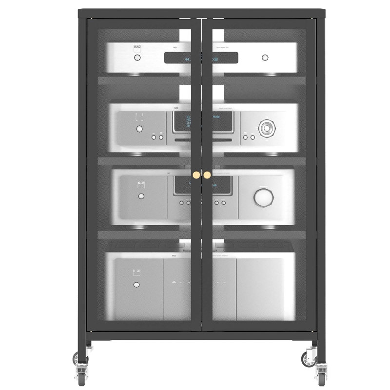 Armoire de rangement polyvalente avec 4 tablettes et roulettes réglables en verre pour l'organisation moderne du salon