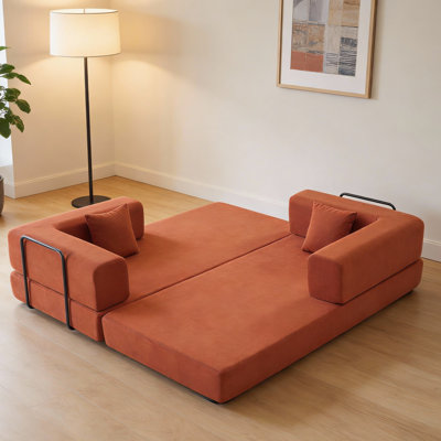 Canapé-lit convertible avec coussin cylindrique, canapé-lit pliant en velours côtelé avec cadre en forme fixe, canapé-lit pour salon, salon, salon, studio (orange, rouge)