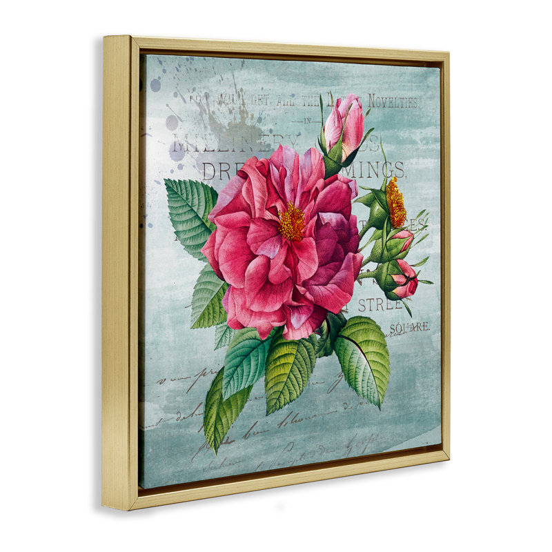 Fleur de jardin rose sur cadre flottant rustique, design par Susan Arnot, H 25 po x l 25 po, Cadre flottant métallique doré