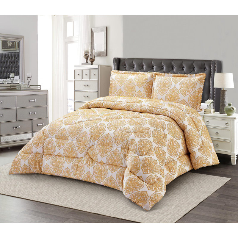 Gina Polyester Damask Bedspread with Pillow Shams, Golden, 220 x 240 cm Bedspread - 2 Pillowcases