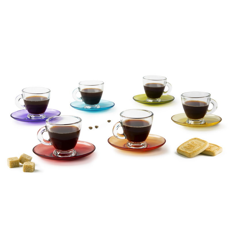 "PETRA" PACK OF 6 COLORLESS COFFEE CUPS W/ SAUCERS 9 CL, Transparent/Multicolor