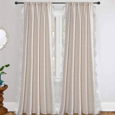 Ava a Lace and Crochet Trim Rustic Slub Textured Linen Curtains for Bedroom Living Room Rod Pocket 2 Panels