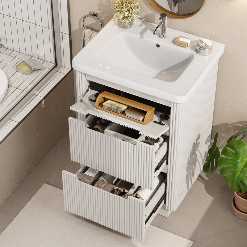 Meuble-lavabo simple 24 po avec panneau à cannelures et lavabo en céramique, Blanc