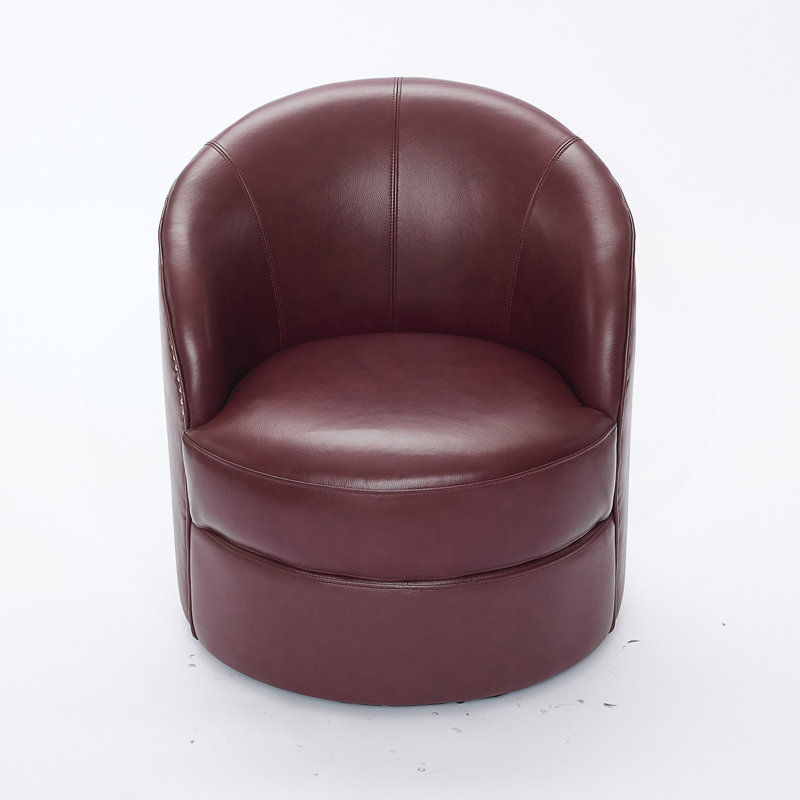 29'' Genuine Leather Swivel Barrel Chair, Black Red