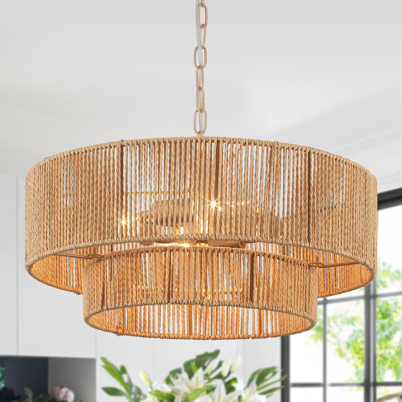 4-Light 18 inch Boho Tiered Drum Chandelier Hand-Woven Hemp Rope Pendant Light with 2-Tier Woven Rope Shade  for Dining Room