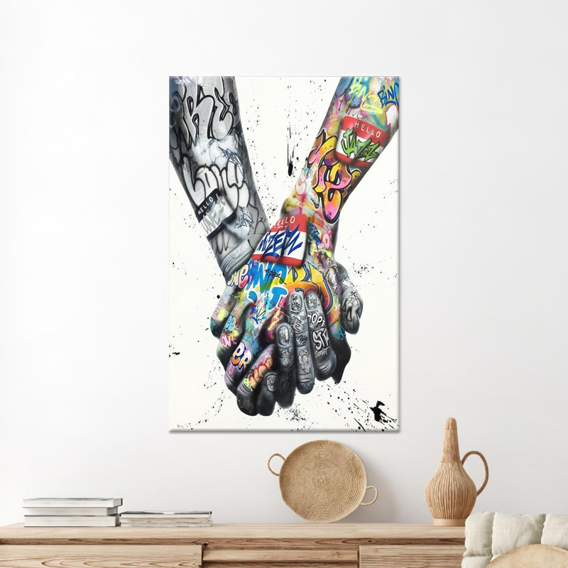Amour moderne: Couple se tenant la main, impression sur toile graffiti, toile noire encadrée 1P, 82,7 po H x 47,3 po l