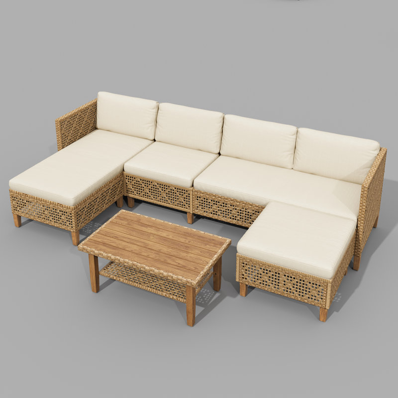 Outdoor Wicker Patio Conversation Furniture Set With Acacia Wood Coffee Table, Beige