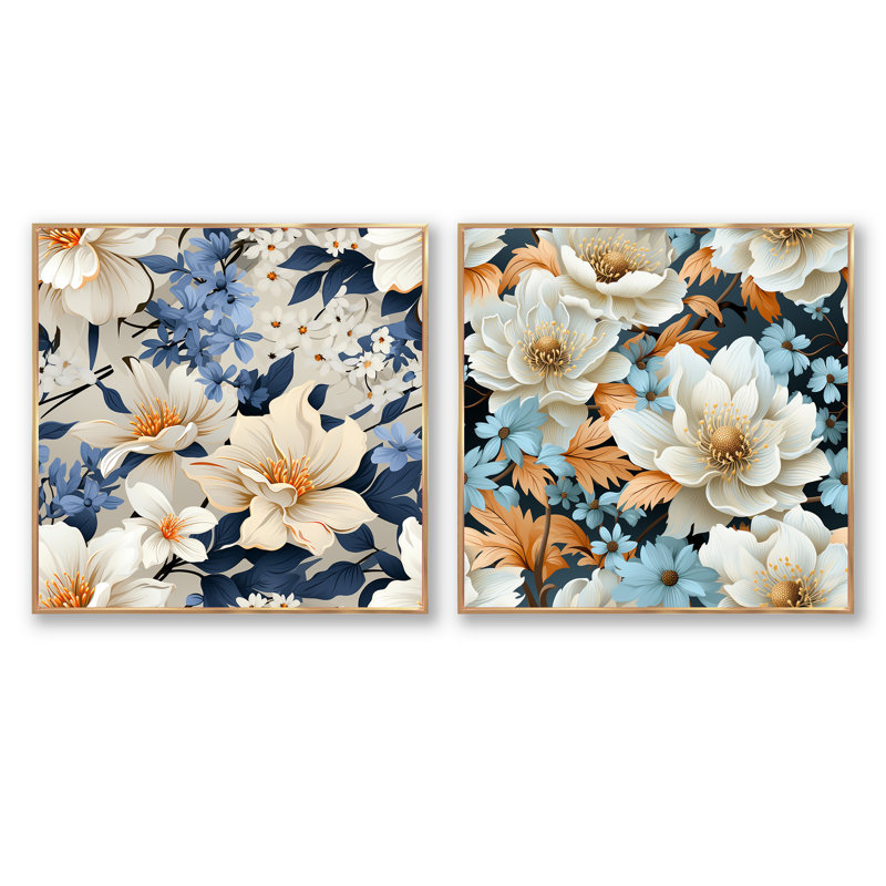 Jessim - ensemble de 2 collages carrés floraux, Cadre flottant doré, H 16 po x l 33 po