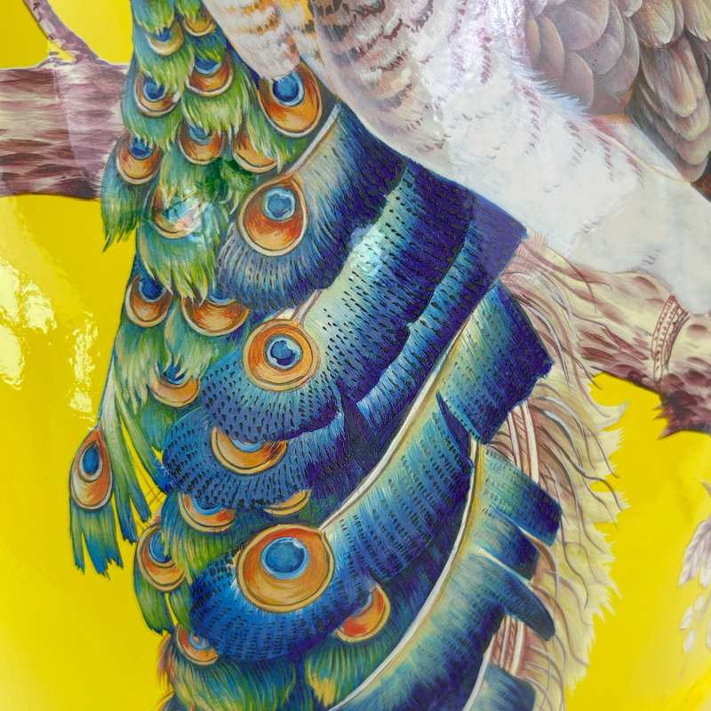 Tabouret en céramique fleur et oiseau, Jaune