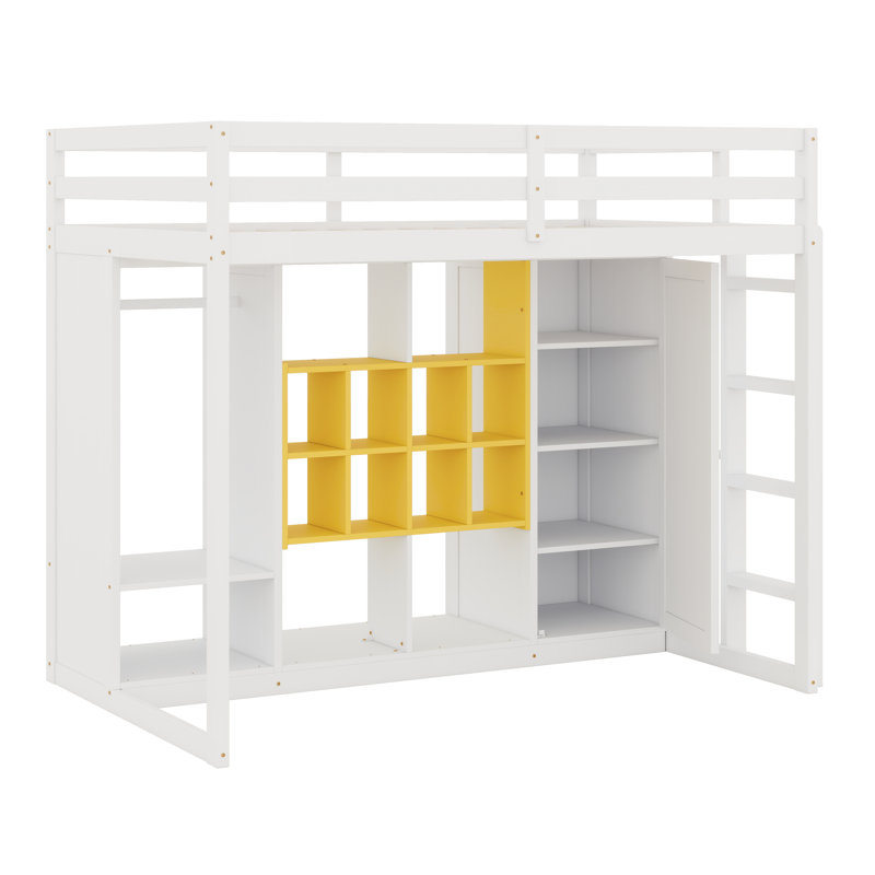 Solid Wood Modern Loft Bed Frame With Ladder, Shelves, Wardrobe, Yellow/White, Twin