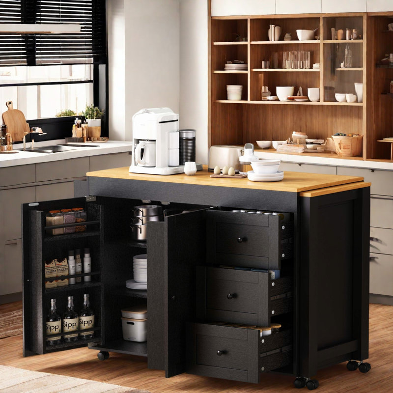 74.8" Extendable Kitchen Island with Dining Table, 3 Drawers, Power Outlet, Spice Rack, Black