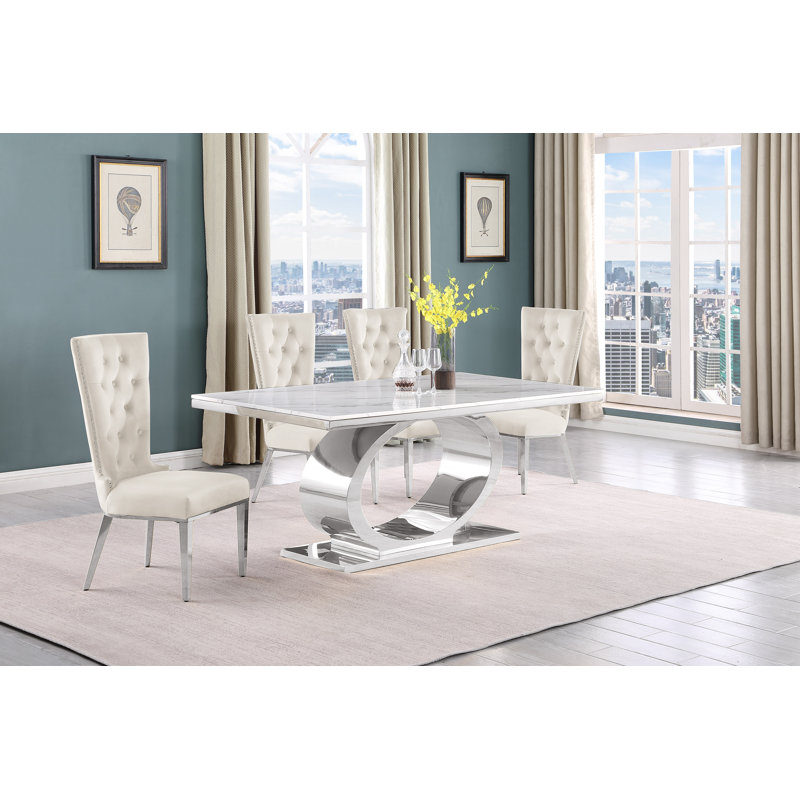 Kiarna Pedestal Dining Set, Cream/Silver, 5, Silver