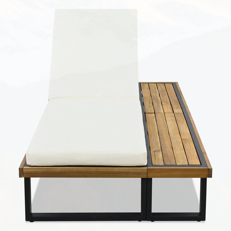 Outdoor Chaise Lounge Chair with 5-Position Adjustable Backrest, Reclining with Cushion, Patio Lounger with Wood Side Table, Sturdy Frame for Poolside, Garden, and Backyard