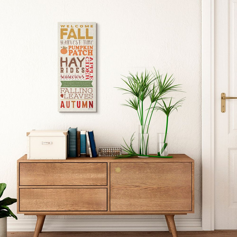 «Welcome Fall Harvest Time Seasonal Word» par Stephanie Workman Marrott - reproduction d'art textuel, Toile tendue