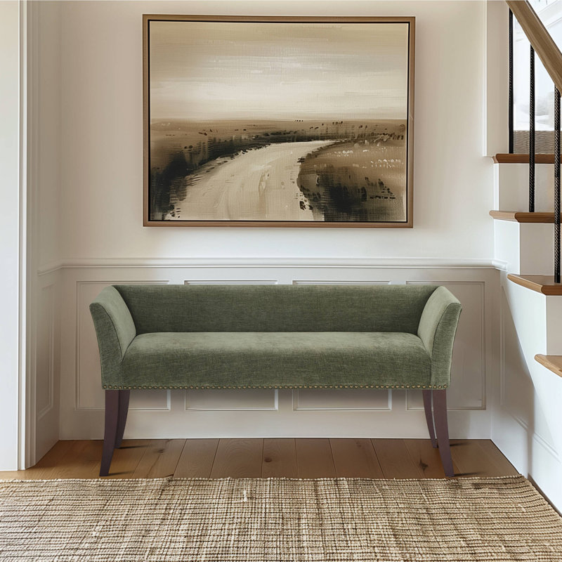 Alfordsville 49.5” Wide Green Upholstered Nailhead Bench with Solid Wood Legs, Green/Dark Walnut