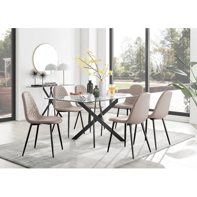 Lenworth Modern Black Metal and Glass Dining Table Set with 6 Luxury Faux Leather Dining Chairs