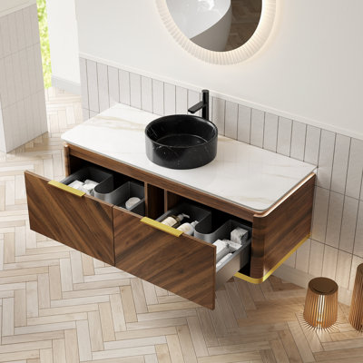 Meuble-lavabo 48 po, meuble de rangement flottant en contreplaqué, tiroirs avec poignée et capteur de lumière, vasque en céramique à motif de pierre noire et plateau en pierre frittée, pré-assemblé, couleur grain de bois noyer foncé