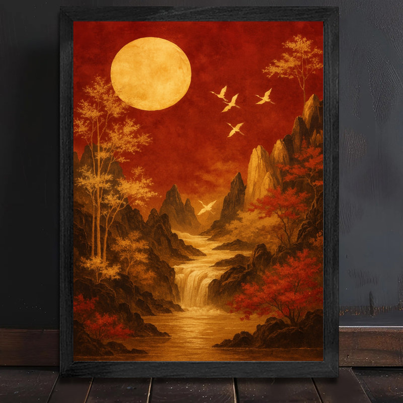 Reproduction d'art encadré noir, paysage chinois rétro, art mural, H 25 po x l 17 po