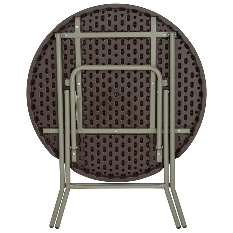 Petite Round Gray Metal Folding Table with Brown Plastic Top